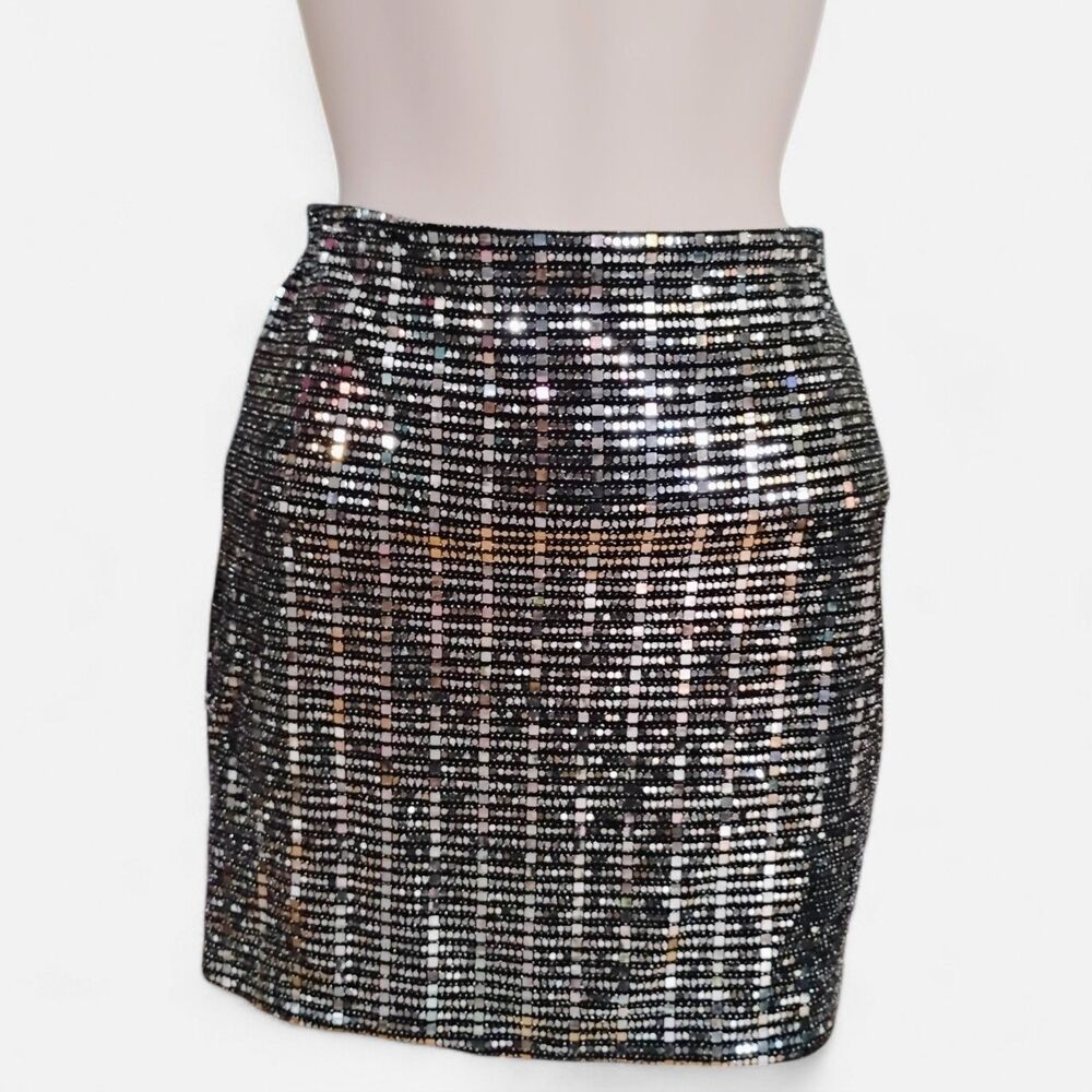 Disco Pixel Sequin Mini Skirt Silver & Black Streetwear Size Small Festival Rave